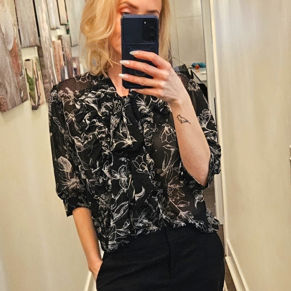 NWT White House Black Market Floral Sheer Blouse - Size L